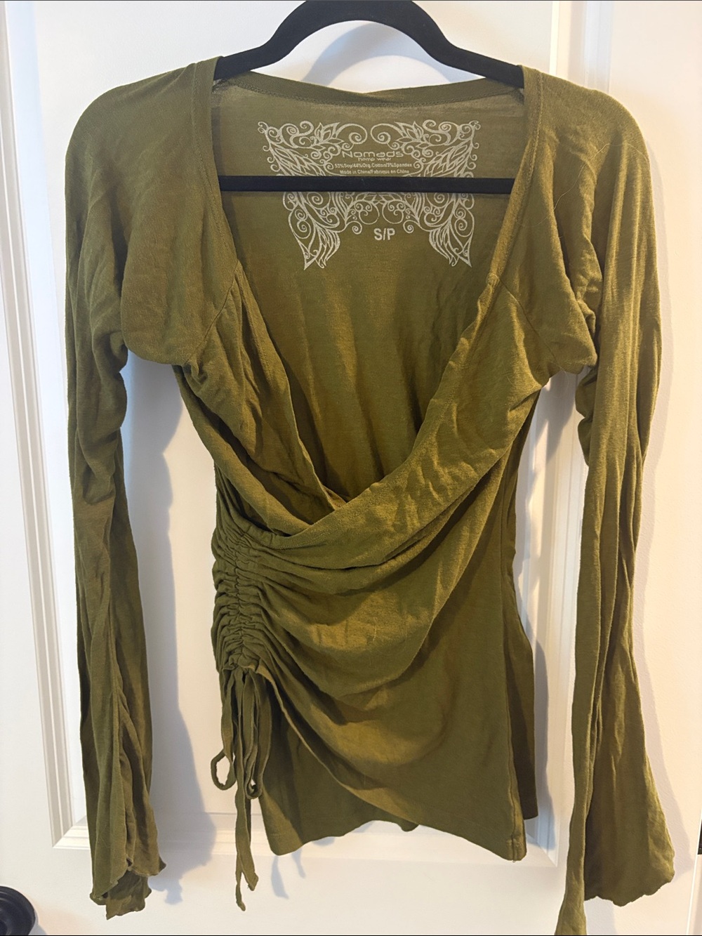 Nomad Olive Wrap-Style Long Sleeve Top with Side Ruching